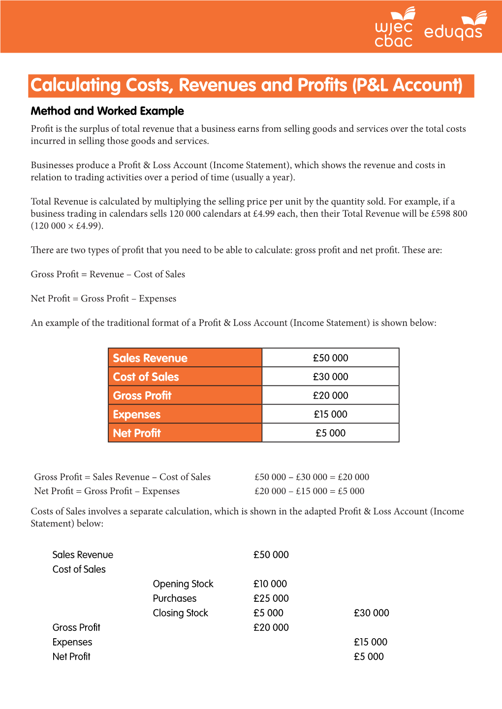 Calculating Costs, Revenues and Profits (P&L Account)