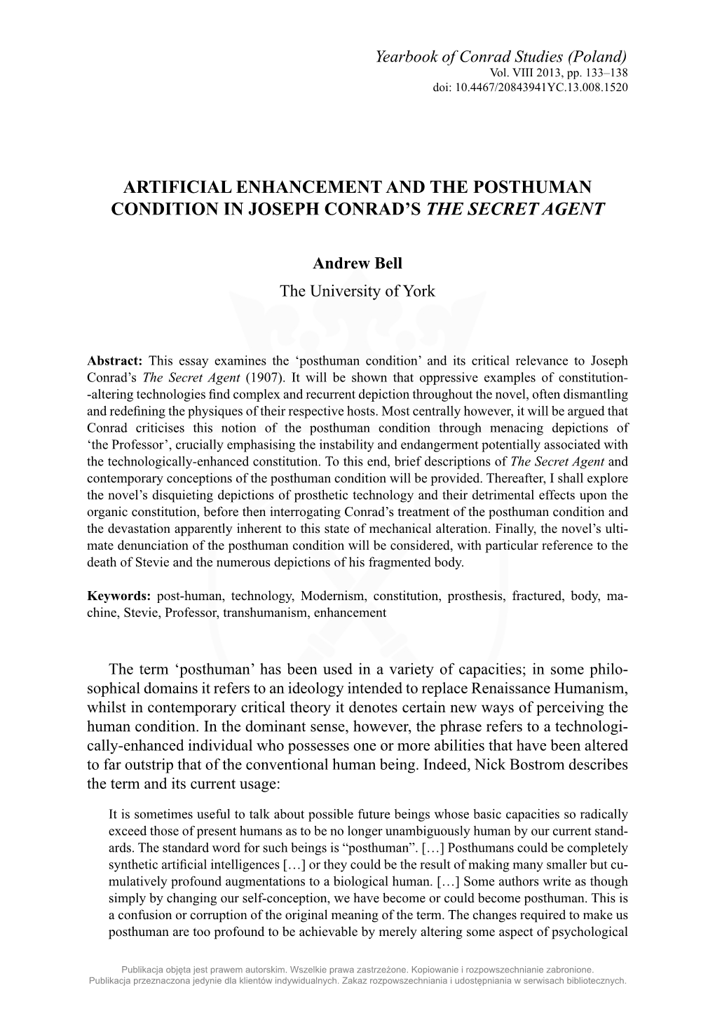 Artificial Enhancement and the Posthuman Condition in Joseph Conrad’S the Secret Agent