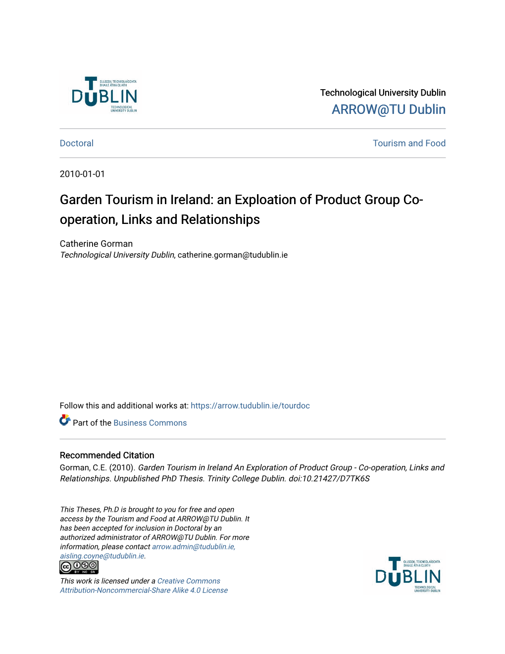 Garden Tourism in Ireland: an Exploation of Product Group Co- Operation, Links and Relationships