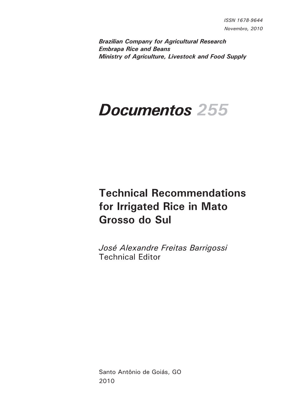 Technical Recommendations for Irrigated Rice in Mato Grosso Do Sul