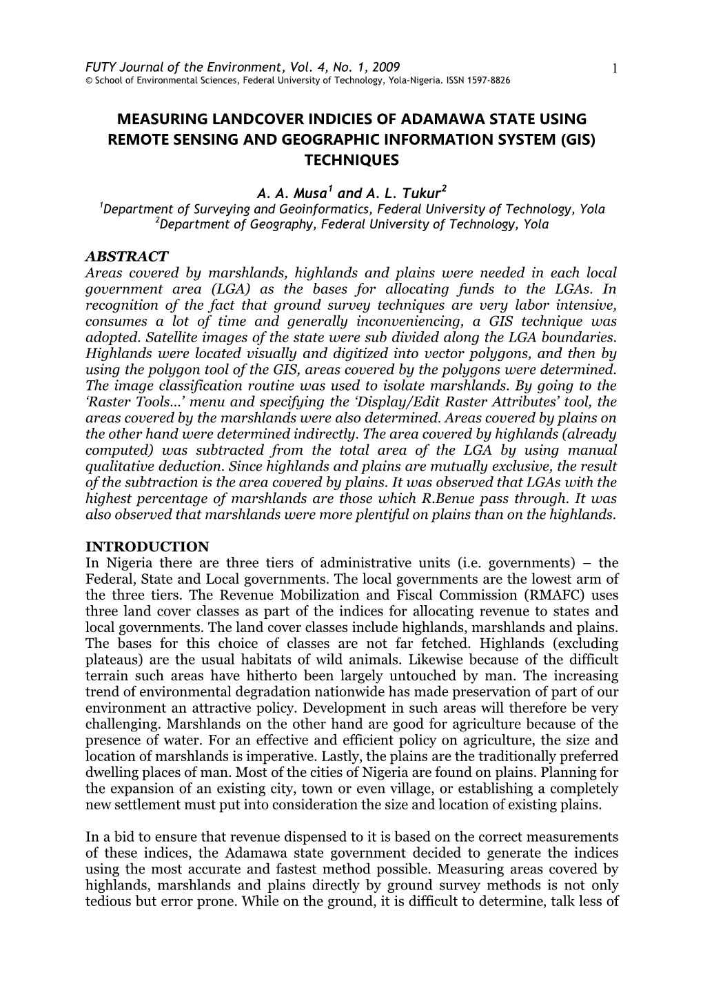 Measuring Landcover Indicies of Adamawa State Using Remote Sensing and Geographic Information System (Gis) Techniques