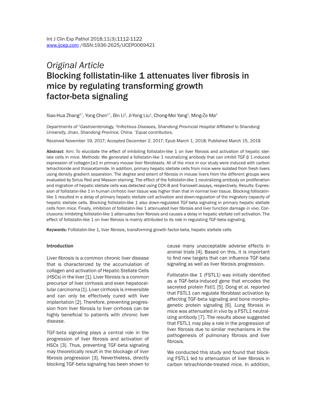 Original Article Blocking Follistatin-Like 1 Attenuates Liver Fibrosis in Mice by Regulating Transforming Growth Factor-Beta Signaling