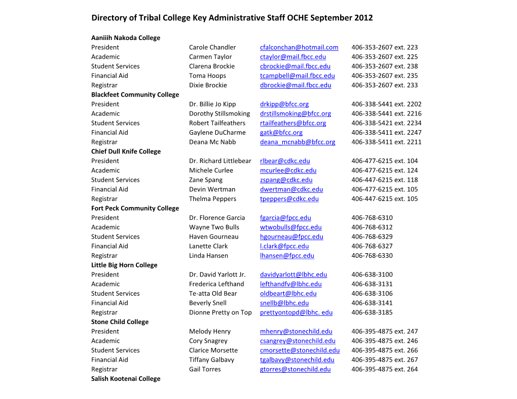 Directory of Tribal College Key Administrative Staff OCHE September 2012