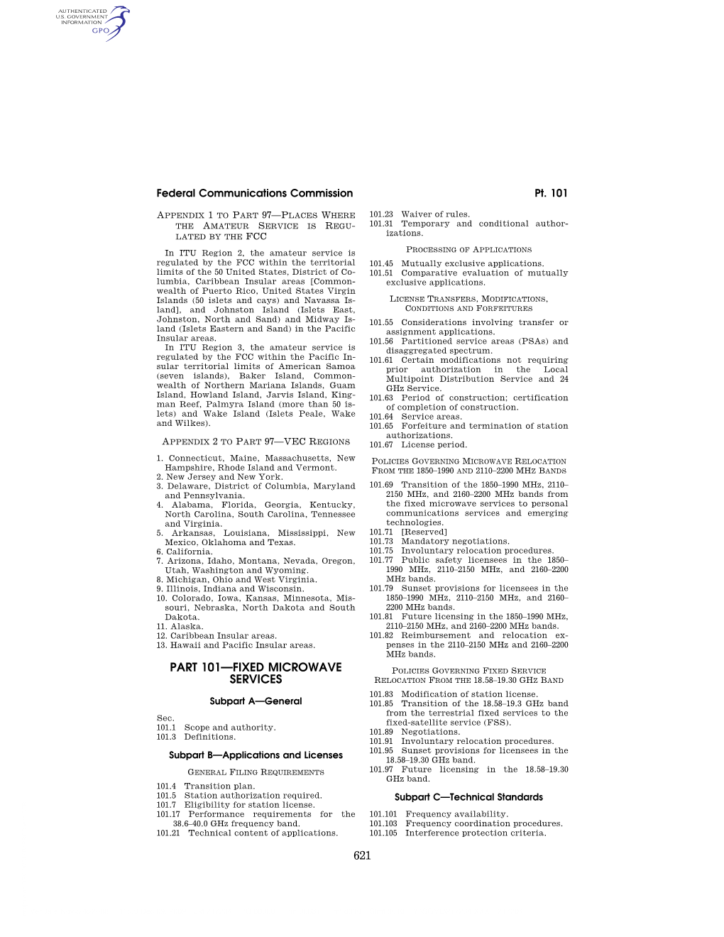 621 Part 101—Fixed Microwave Services