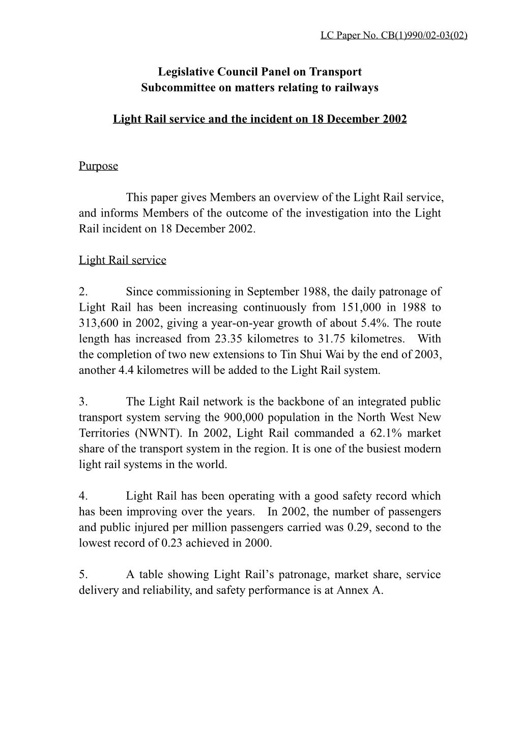 Legislative Council Panel on Transport Subcommittee on Matters Relating to Railways