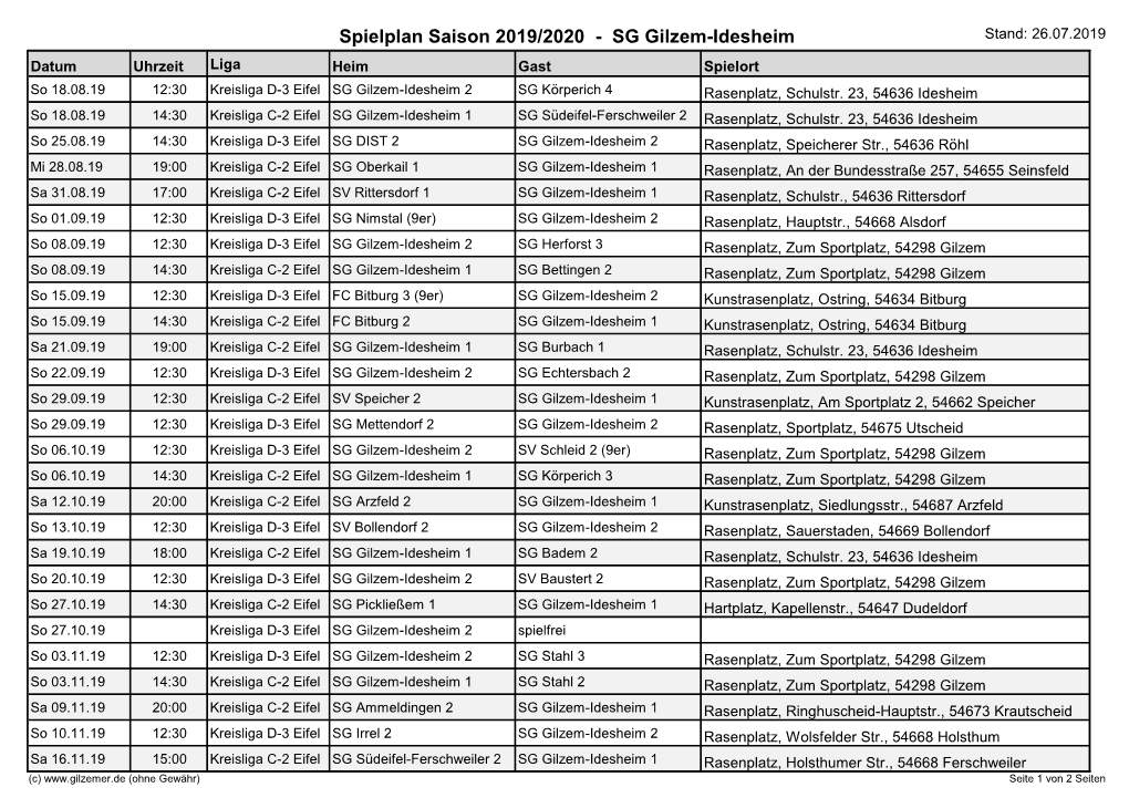 Spielplan Saison 2019/2020