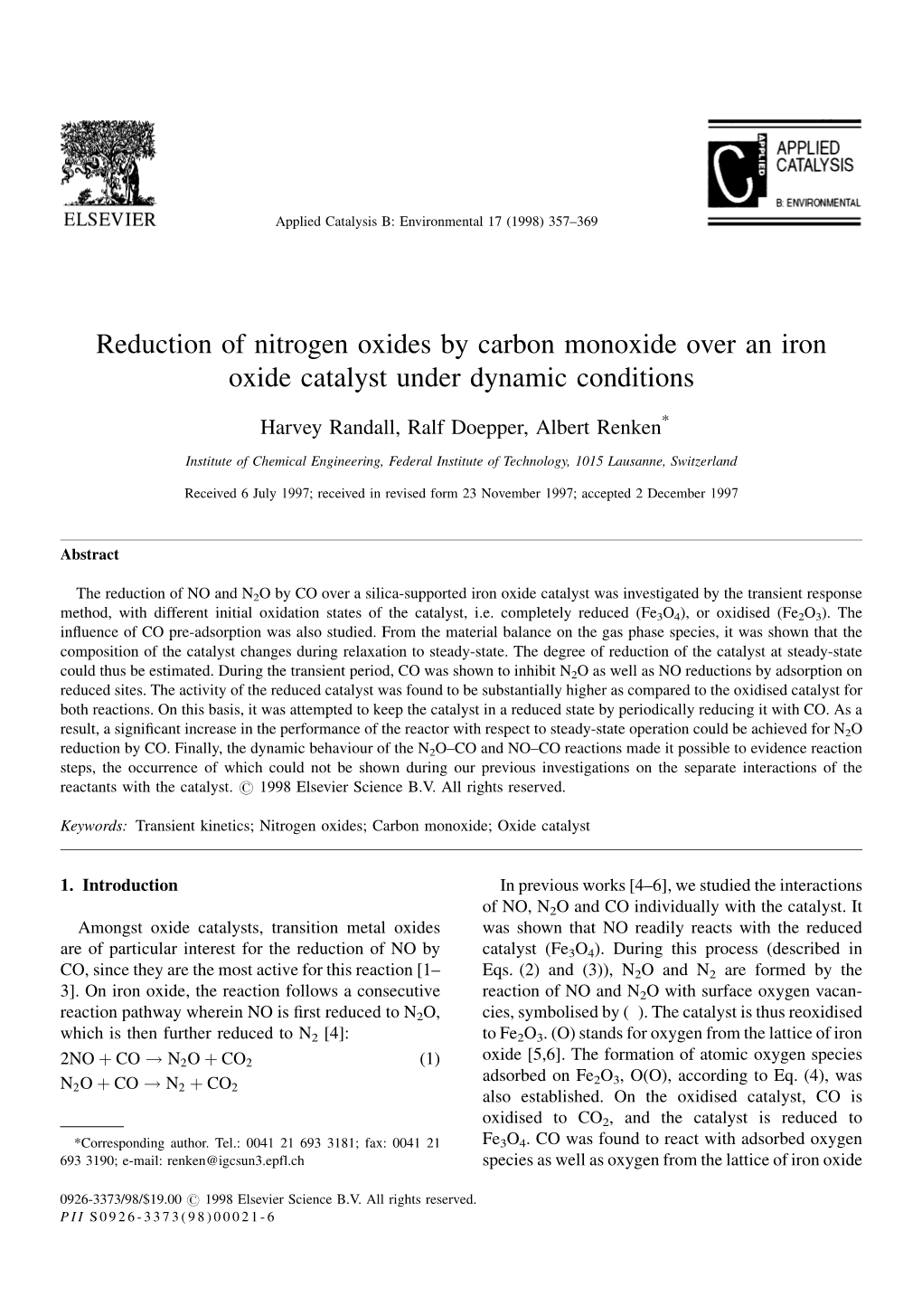 Reduction of Nitrogen Oxides by Carbon Monoxide Over an Iron Oxide Catalyst Under Dynamic Conditions