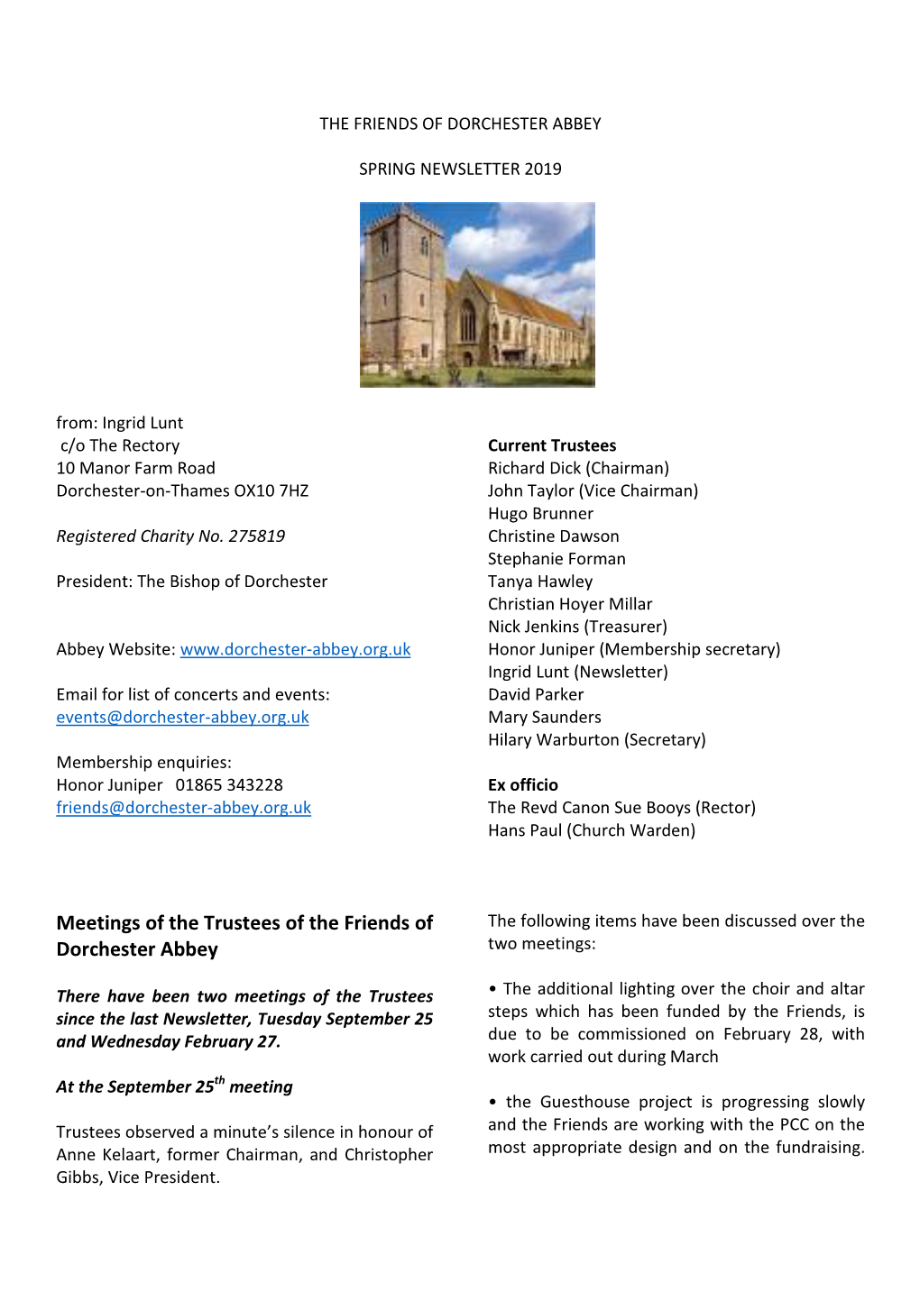 Meetings of the Trustees of the Friends of Dorchester Abbey