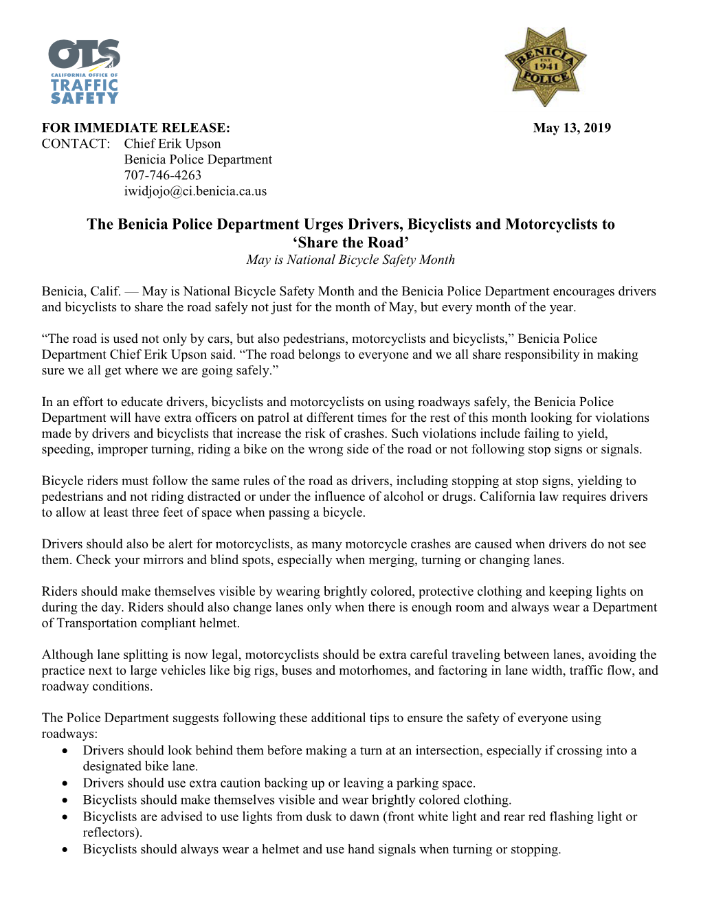 The Benicia Police Department Urges Drivers, Bicyclists and Motorcyclists to ‘Share the Road’ May Is National Bicycle Safety Month