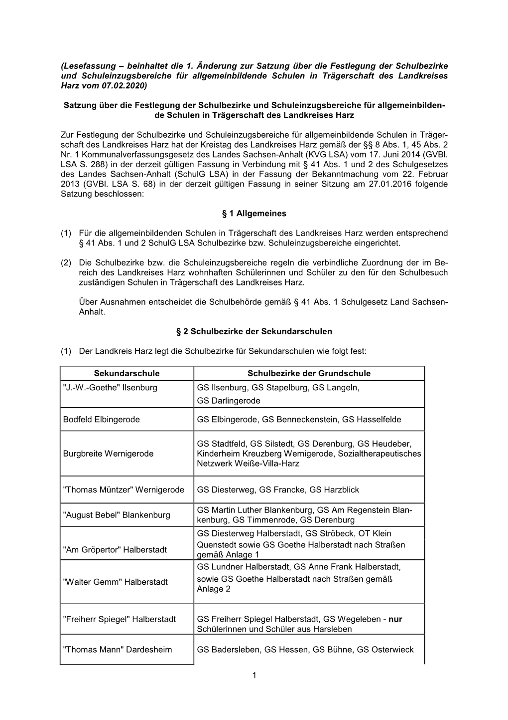 Satzung Über Die Festlegung Der Schulbezirke Und Schuleinzugsbereiche Für Allgemeinbildende Schulen in Trägerschaft Des Landkreises Harz Vom 07.02.2020)