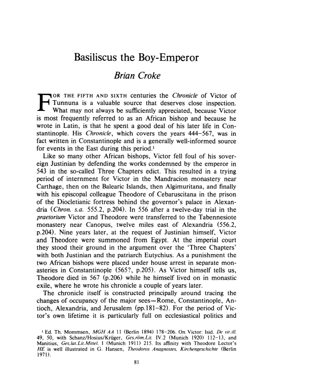 Basiliscus the Boy-Emperor , Greek, Roman and Byzantine Studies, 24:1 (1983:Spring) P.81