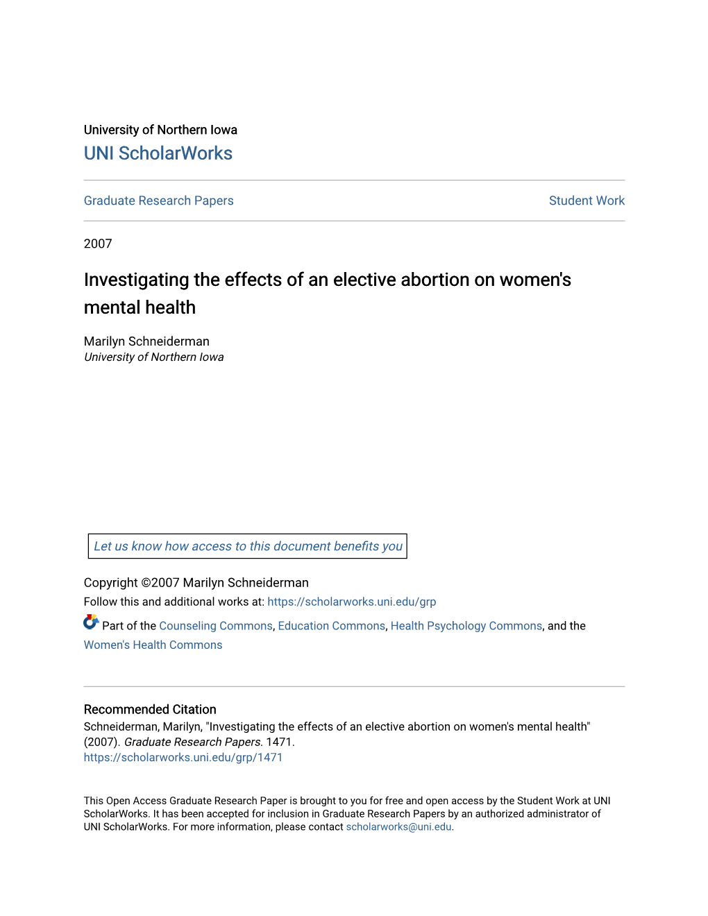 Investigating the Effects of an Elective Abortion on Women's Mental Health