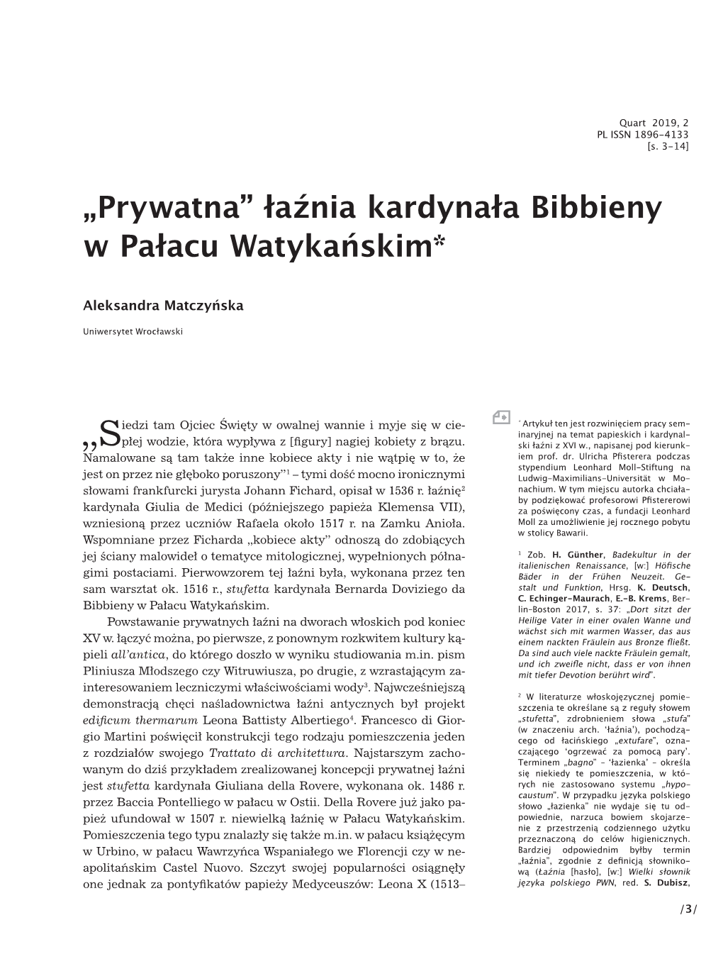 „Prywatna” Łaźnia Kardynała Bibbieny W Pałacu Watykańskim*