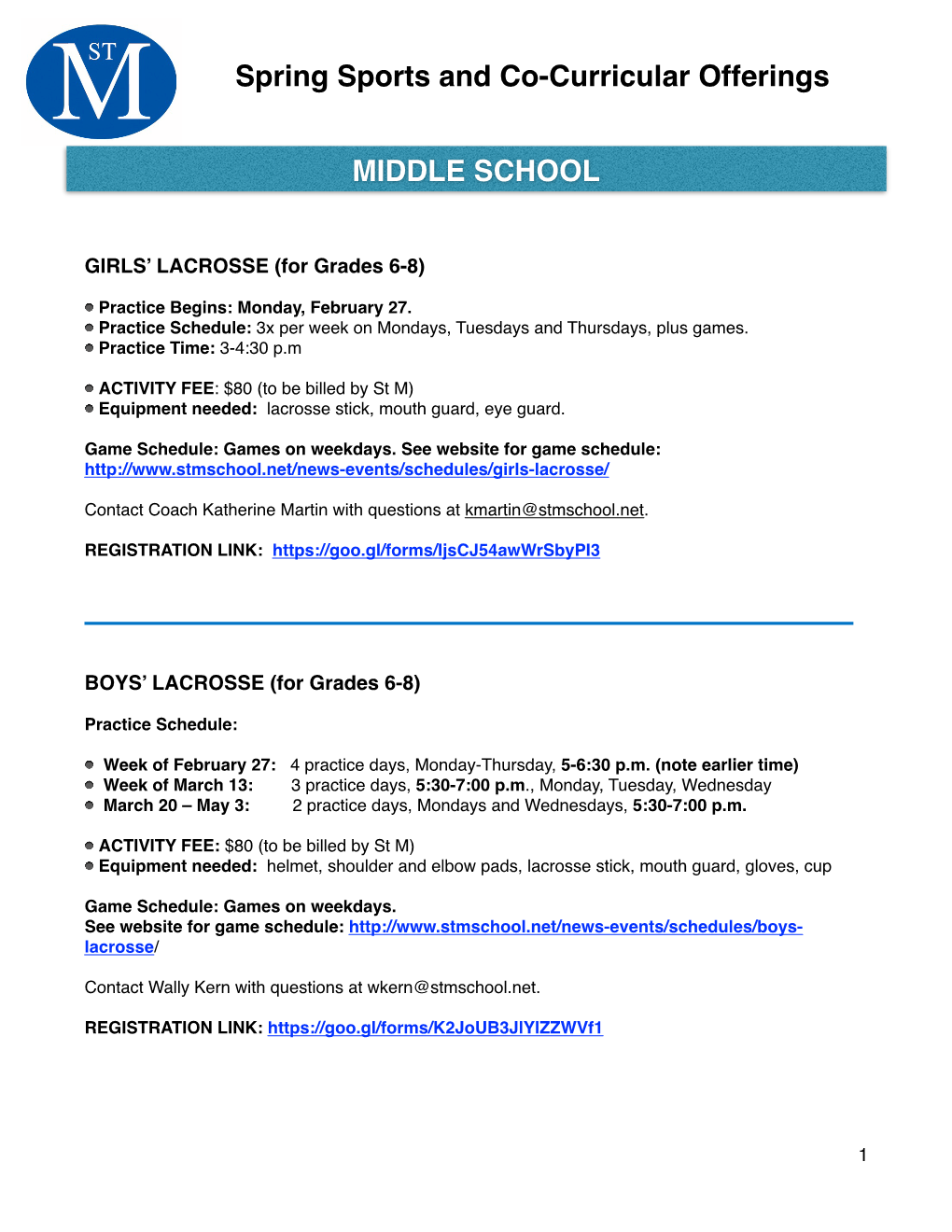 MS Spring Sports/Cocurric Offering