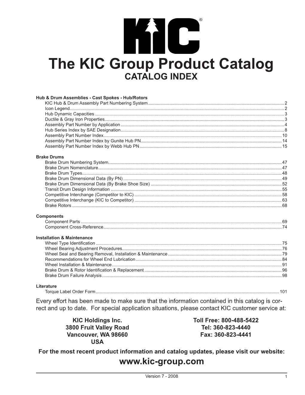 The KIC Group Product Catalog CATALOG INDEX