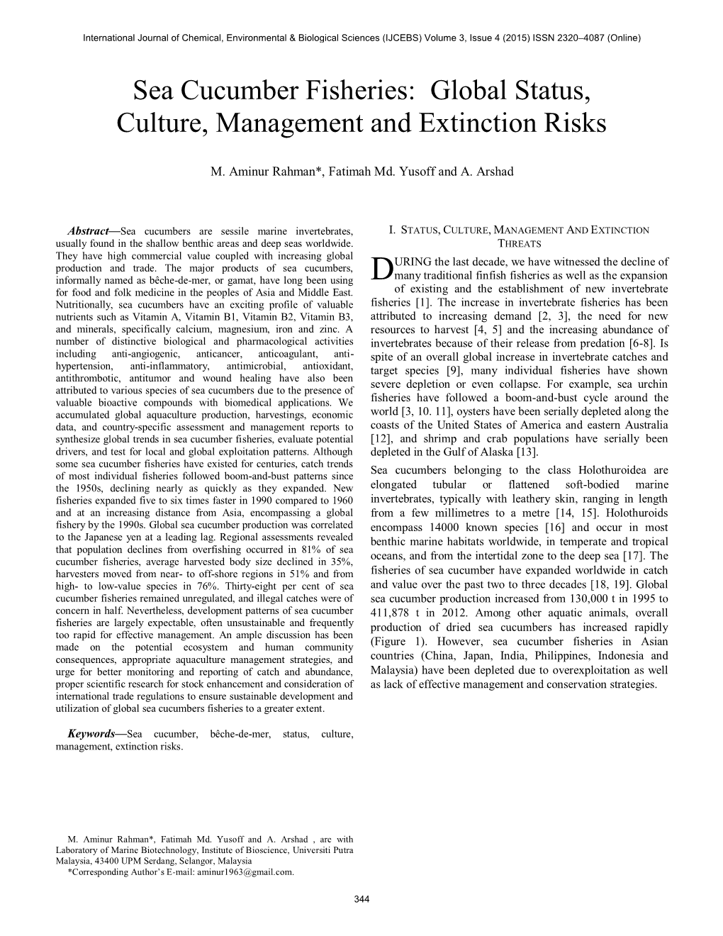 Sea Cucumber Fisheries: Global Status, Culture, Management and Extinction Risks