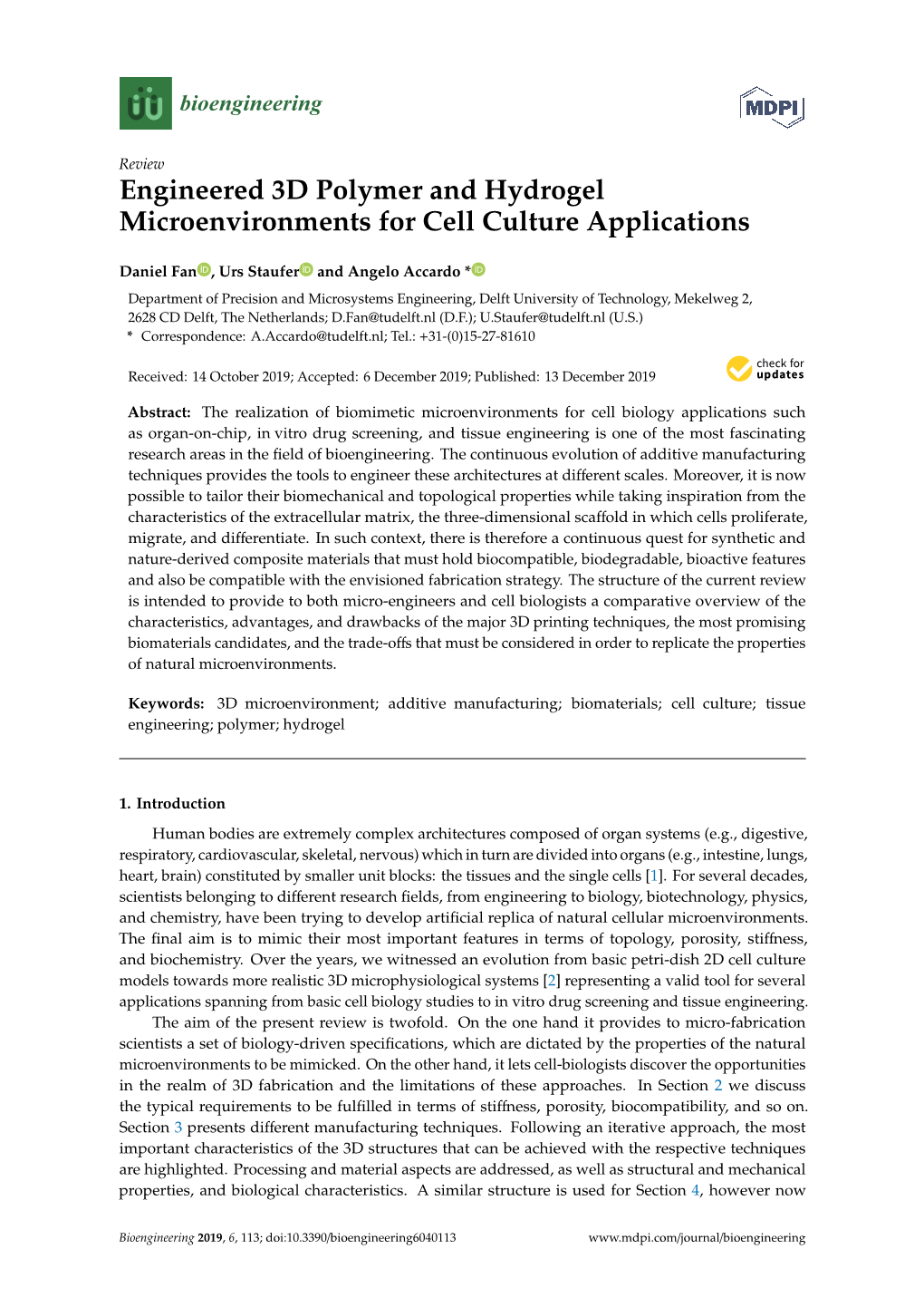 Engineered 3D Polymer and Hydrogel Microenvironments for Cell Culture Applications