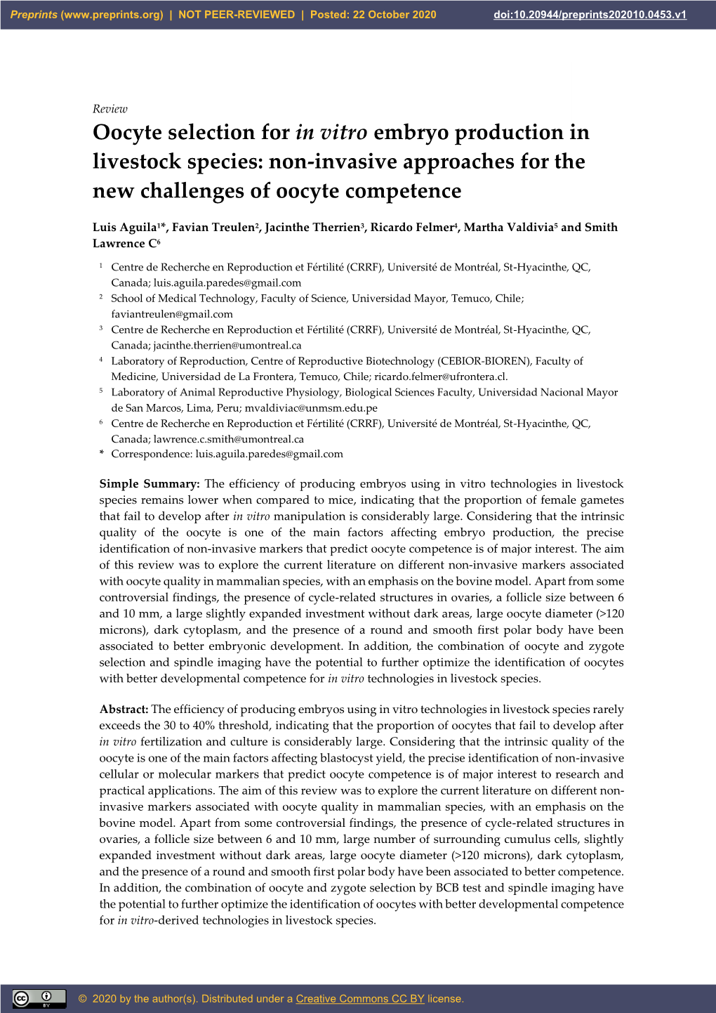 Oocyte Selection for in Vitro Embryo Production in Livestock Species: Non-Invasive Approaches for the New Challenges of Oocyte Competence