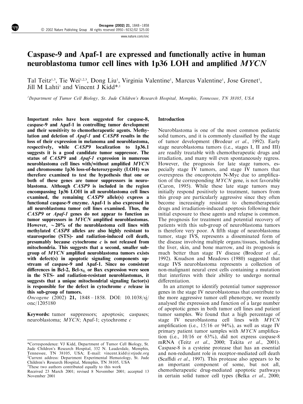 Caspase-9 and Apaf-1 Are Expressed and Functionally Active in Human Neuroblastoma Tumor Cell Lines with 1P36 LOH and Ampli®Ed MYCN