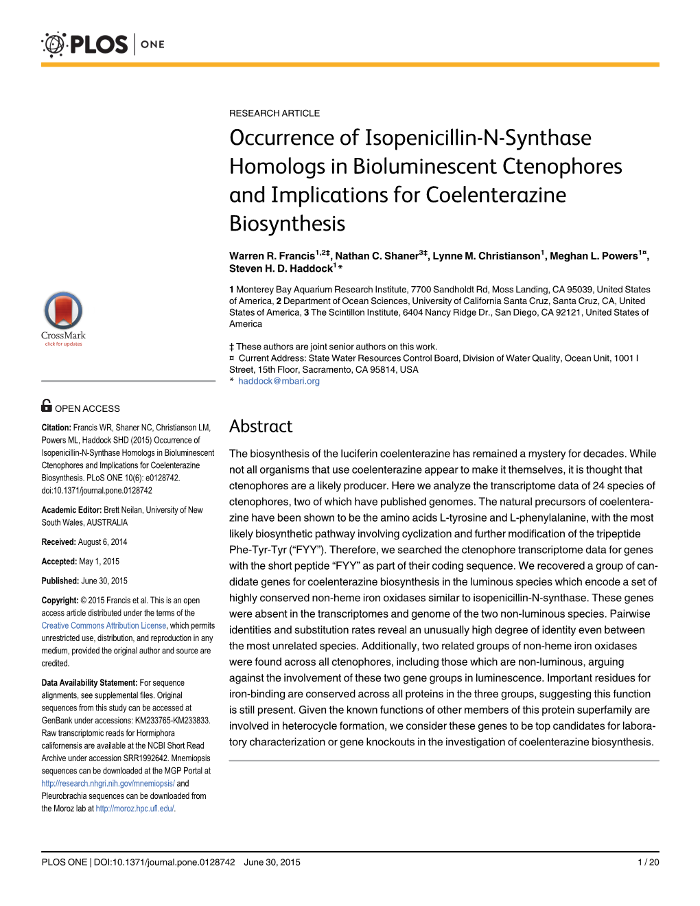 Occurrence of Isopenicillin-N-Synthase Homologs in Bioluminescent Ctenophores and Implications for Coelenterazine Biosynthesis