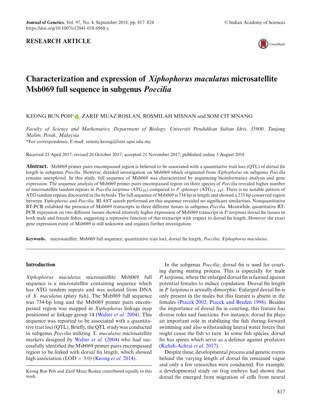 Characterization and Expression of Xiphophorus Maculatus Microsatellite Msb069 Full Sequence in Subgenus Poecilia