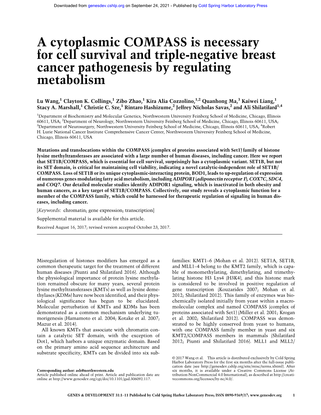 A Cytoplasmic COMPASS Is Necessary for Cell Survival and Triple-Negative Breast Cancer Pathogenesis by Regulating Metabolism