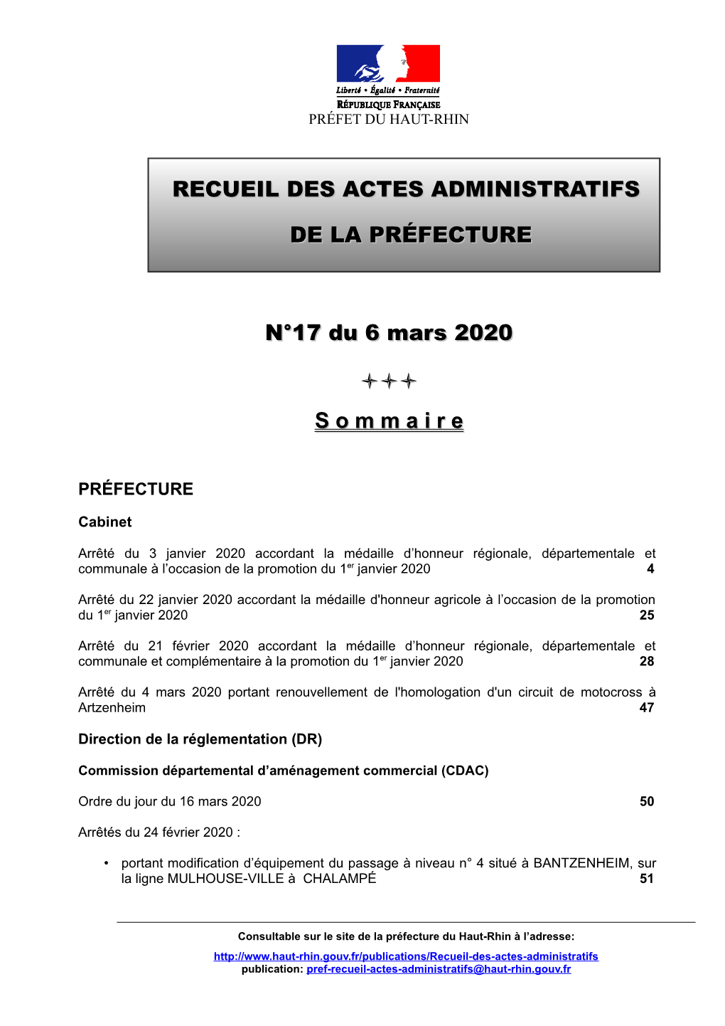 RECUEIL DES ACTES ADMINISTRATIFS DE LA PRÉFECTURE N°17 Du 6 Mars 2020 S O M M a I