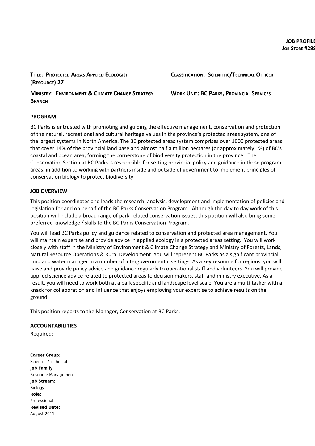 Title: Protected Areas Applied Ecologist Classification: Scientific/Technical Officer