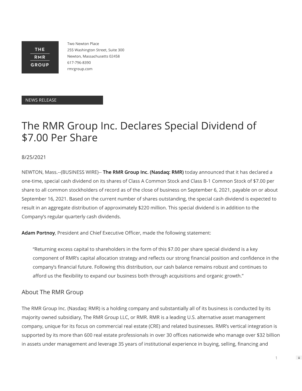 The RMR Group Inc. Declares Special Dividend of $7.00 Per Share