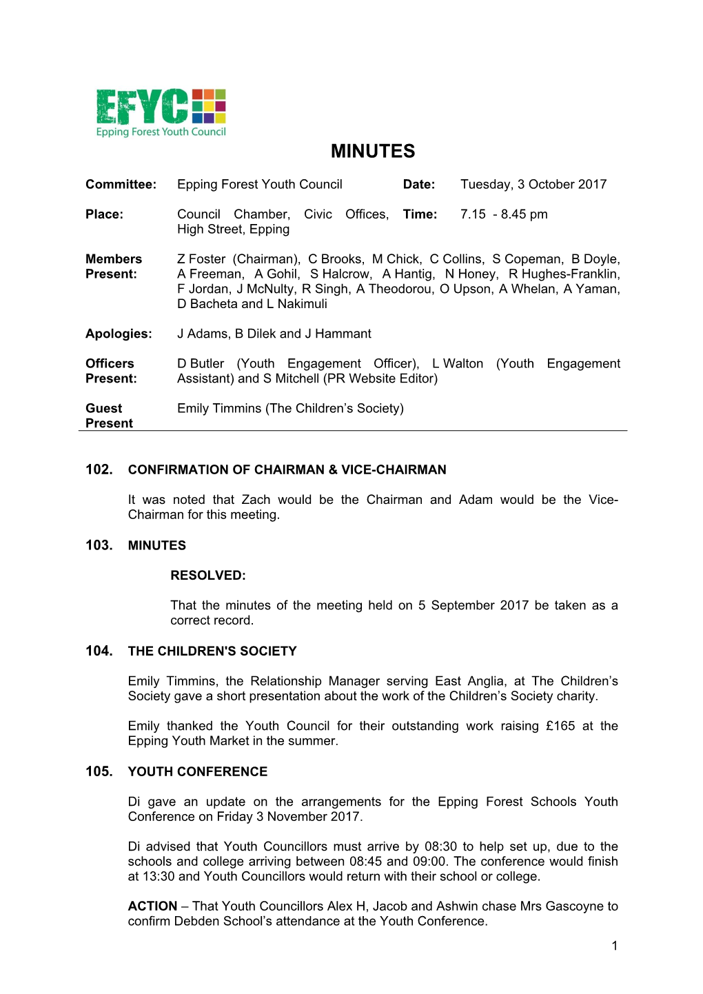 Minutes Document for Epping Forest Youth Council, 03/10/2017 19:15