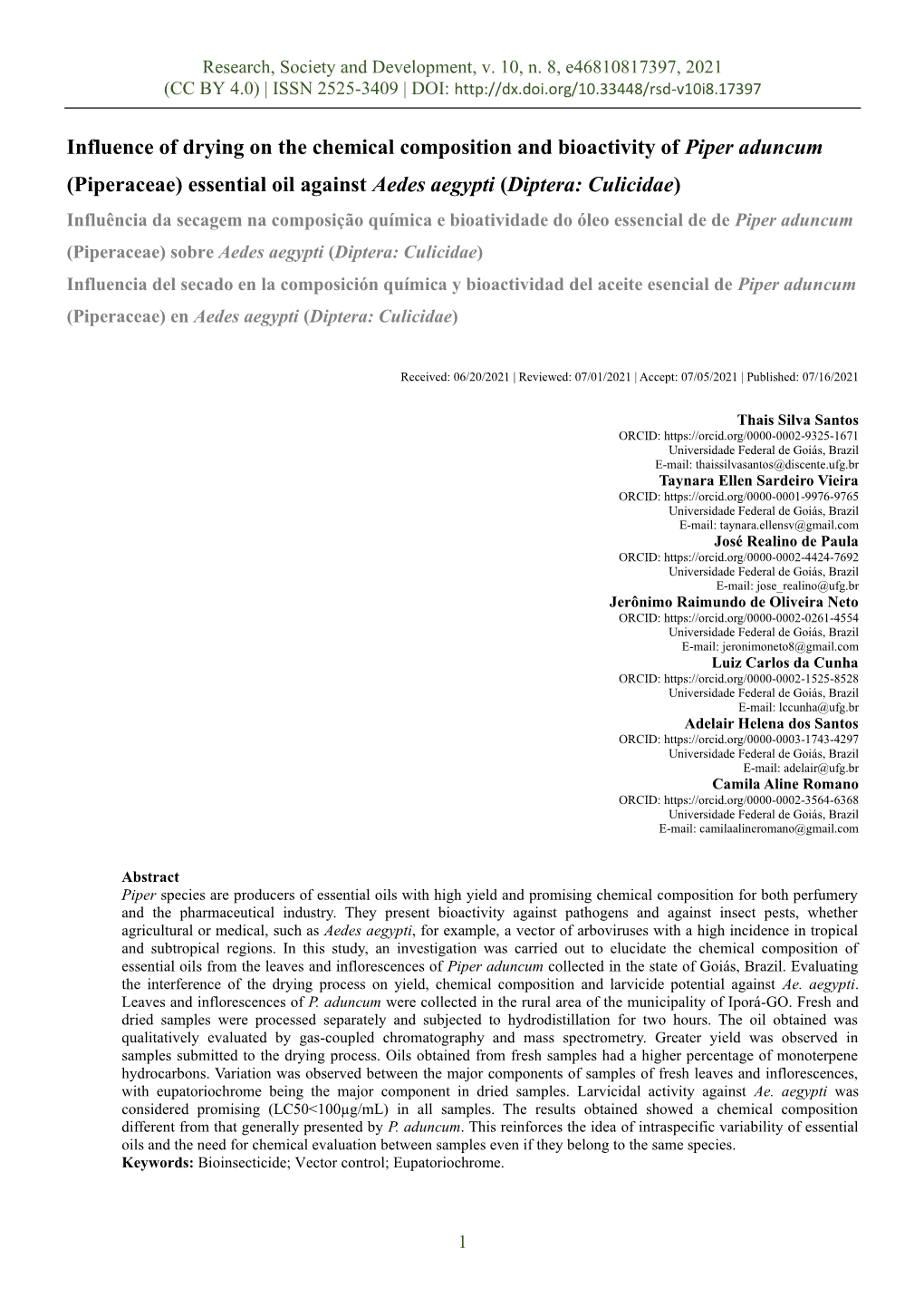 Influence of Drying on the Chemical Composition and Bioactivity of Piper