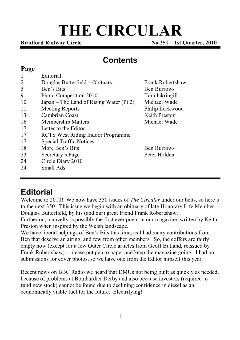 THE CIRCULAR Bradford Railway Circle No.351 – 1St Quarter, 2010