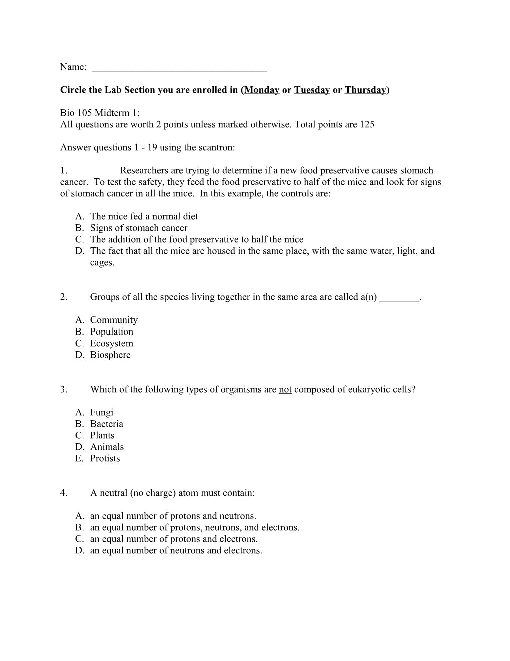 Biol 105 Spring 2010 Exam to POST