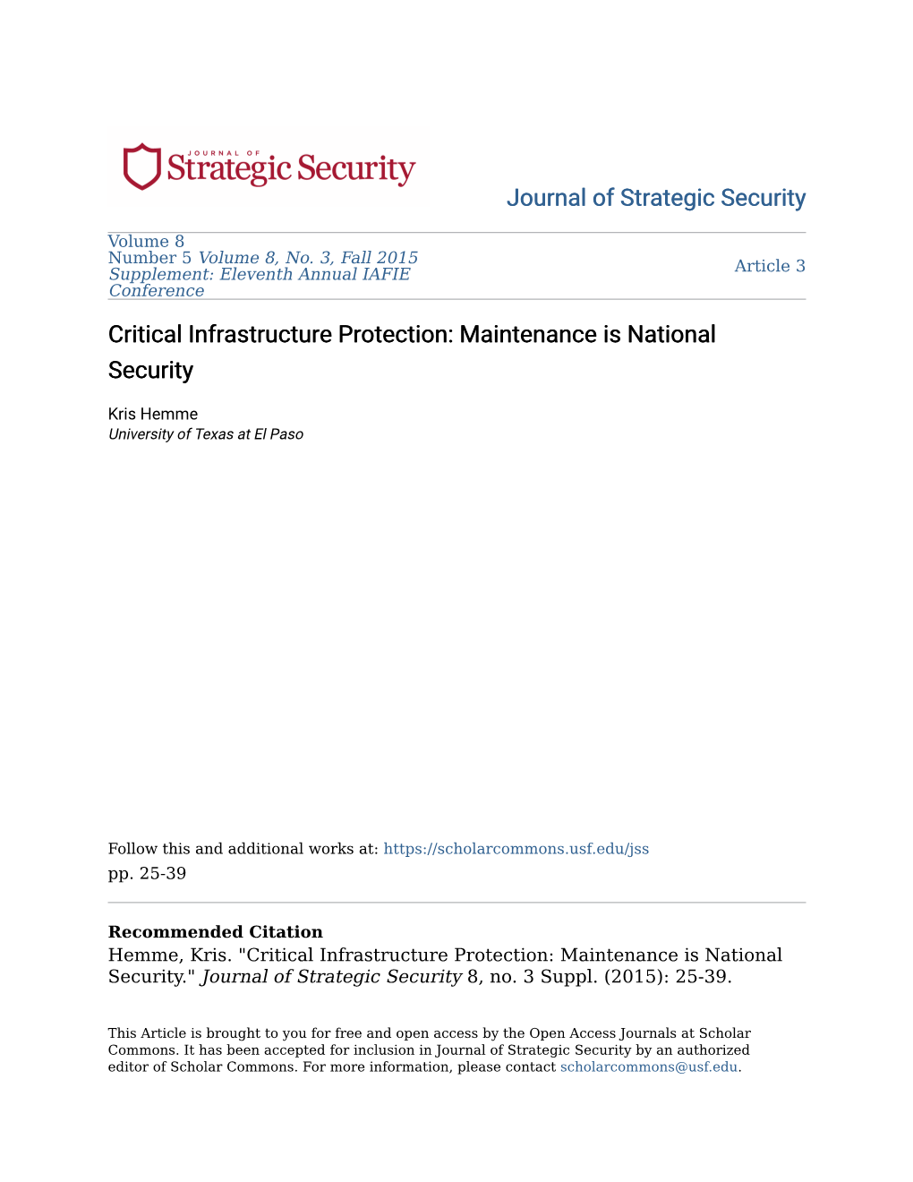 Critical Infrastructure Protection: Maintenance Is National Security