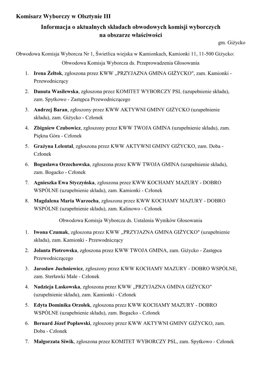 Komisarz Wyborczy W Olsztynie III Informacja O Aktualnych Składach Obwodowych Komisji Wyborczych Na Obszarze Właściwości Gm