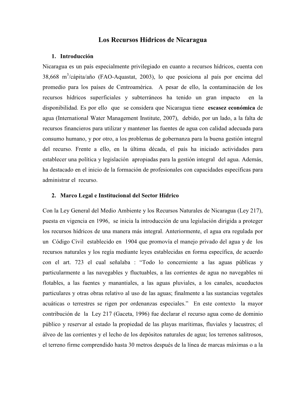 Los Recursos Hídricos De Nicaragua