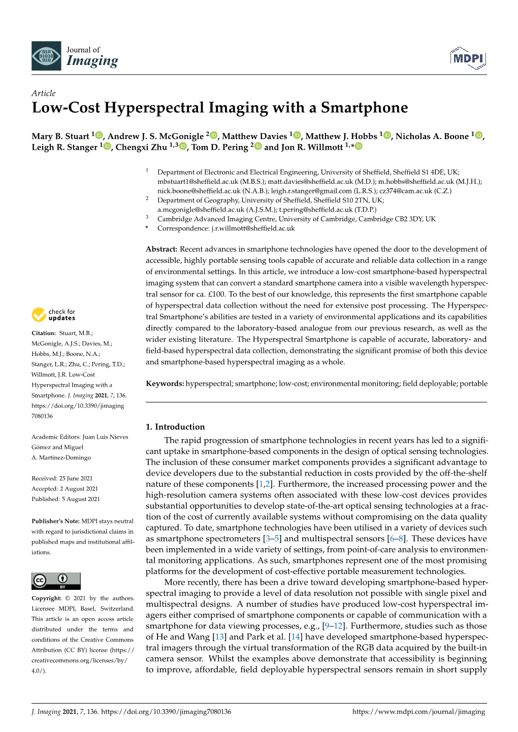 Low-Cost Hyperspectral Imaging with a Smartphone