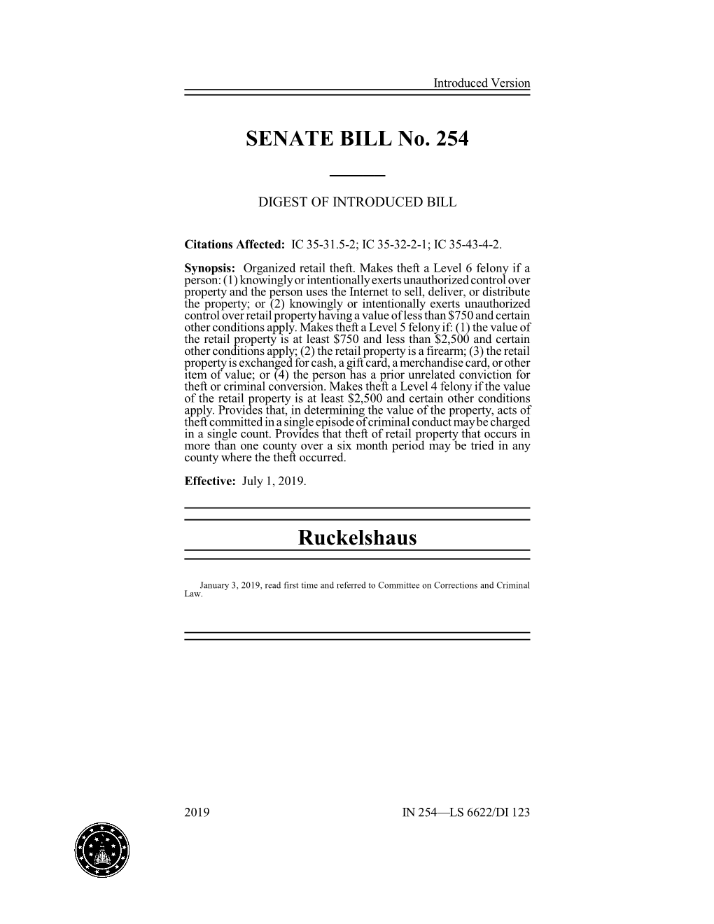 SENATE BILL No. 254 _____