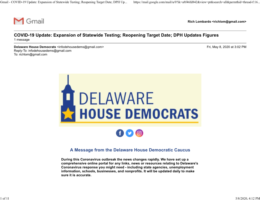 Gmail - COVID-19 Update: Expansion of Statewide Testing; Reopening Target Date; DPH Up