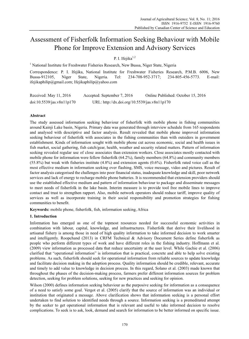 Assessment of Fisherfolk Information Seeking Behaviour with Mobile Phone for Improve Extension and Advisory Services