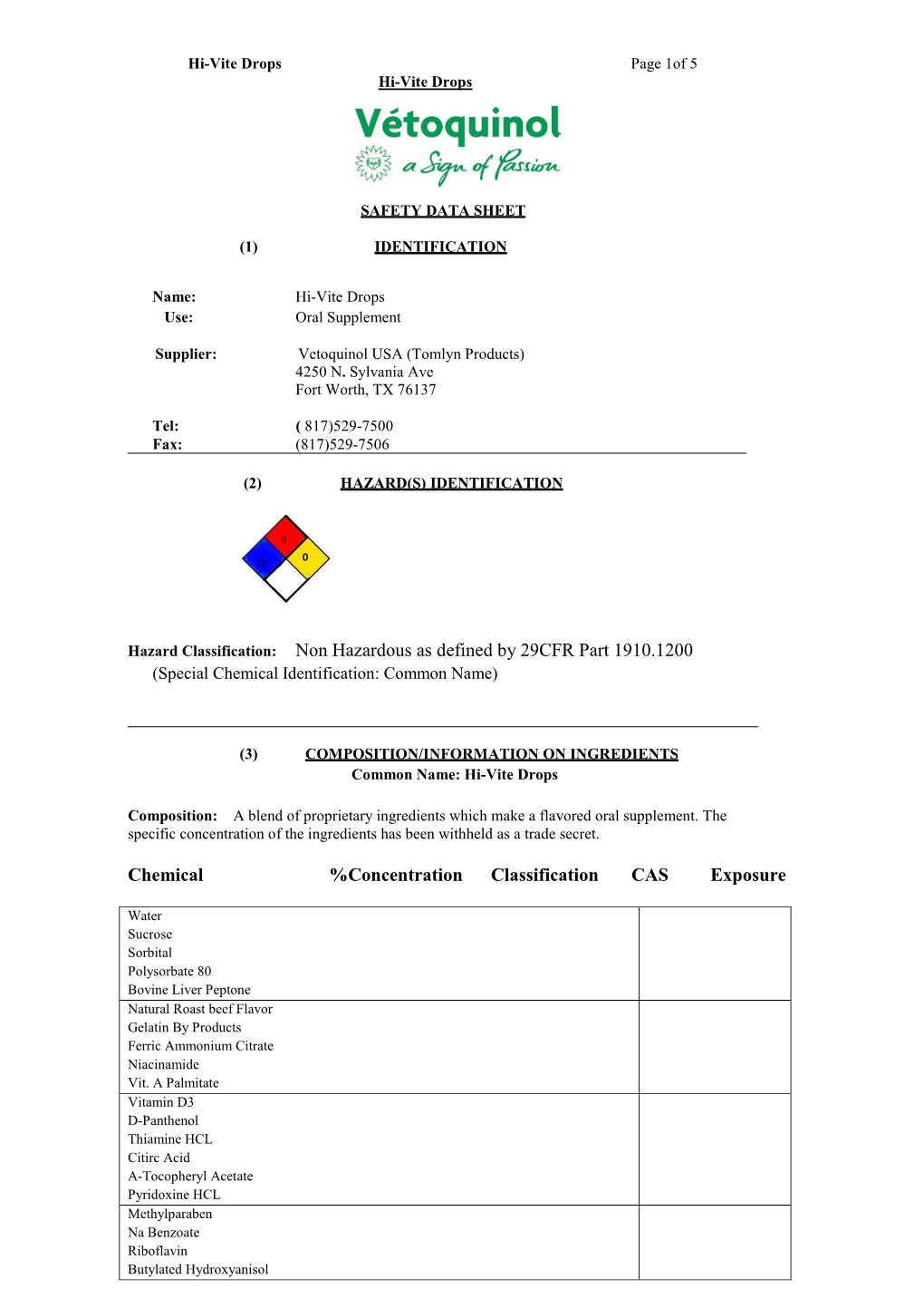 Hazard Classification: Non Hazardous As Defined by 29CFR Part 1910.1200 (Special Chemical Identification: Common Name)