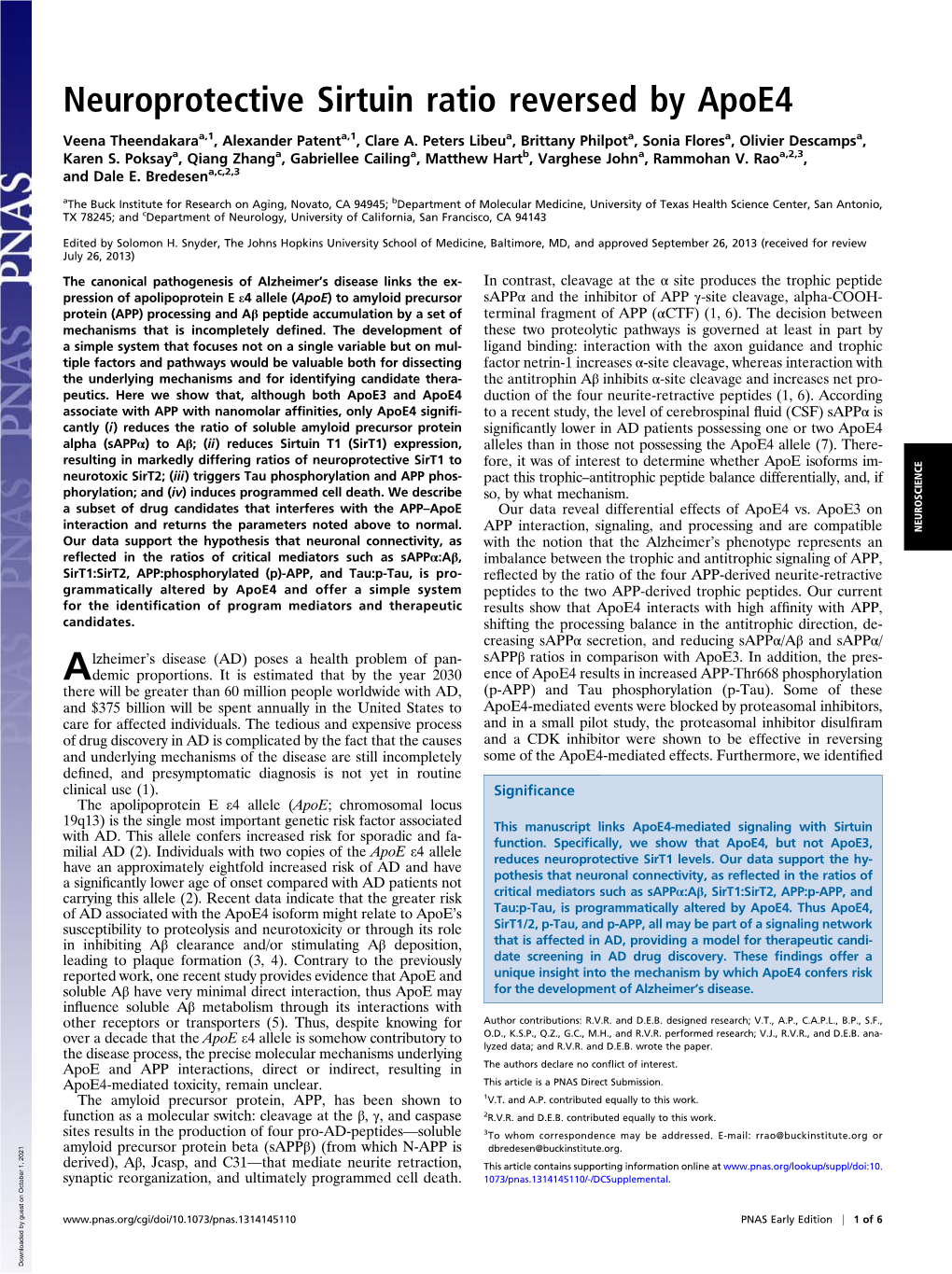 Neuroprotective Sirtuin Ratio Reversed by Apoe4