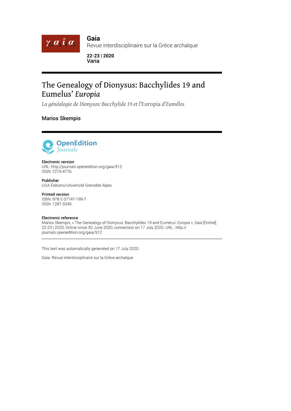 Bacchylides 19 and Eumelus' Europia