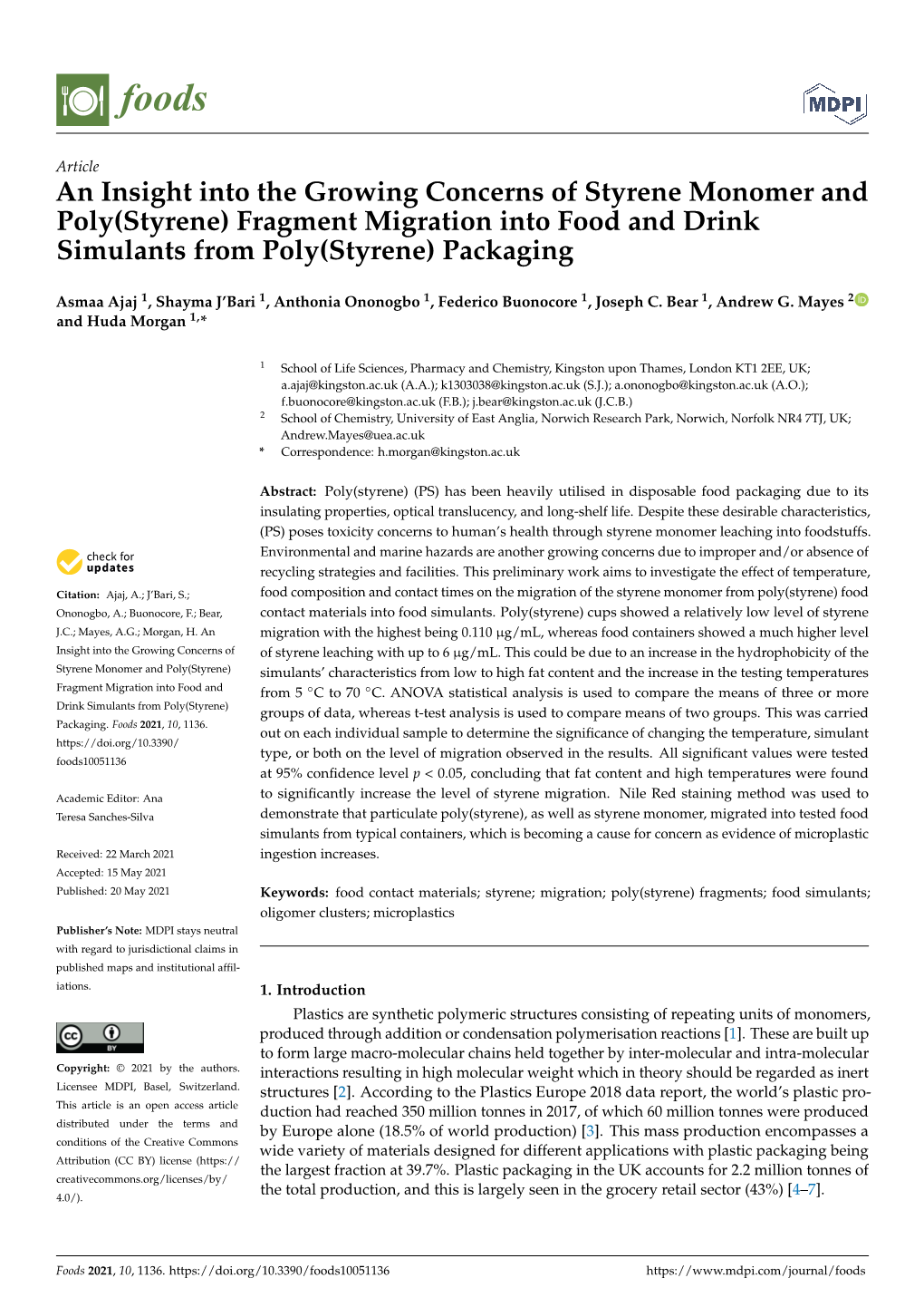 Fragment Migration Into Food and Drink Simulants from Poly(Styrene) Packaging