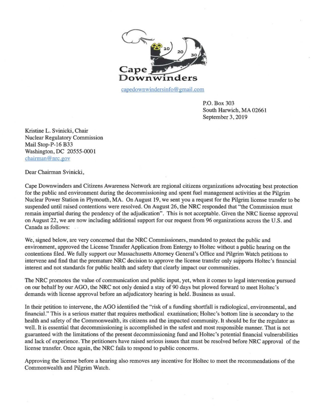 LTR-19-0339 Diane Turco, Director, Cape Downwinders, Et Al., Letter