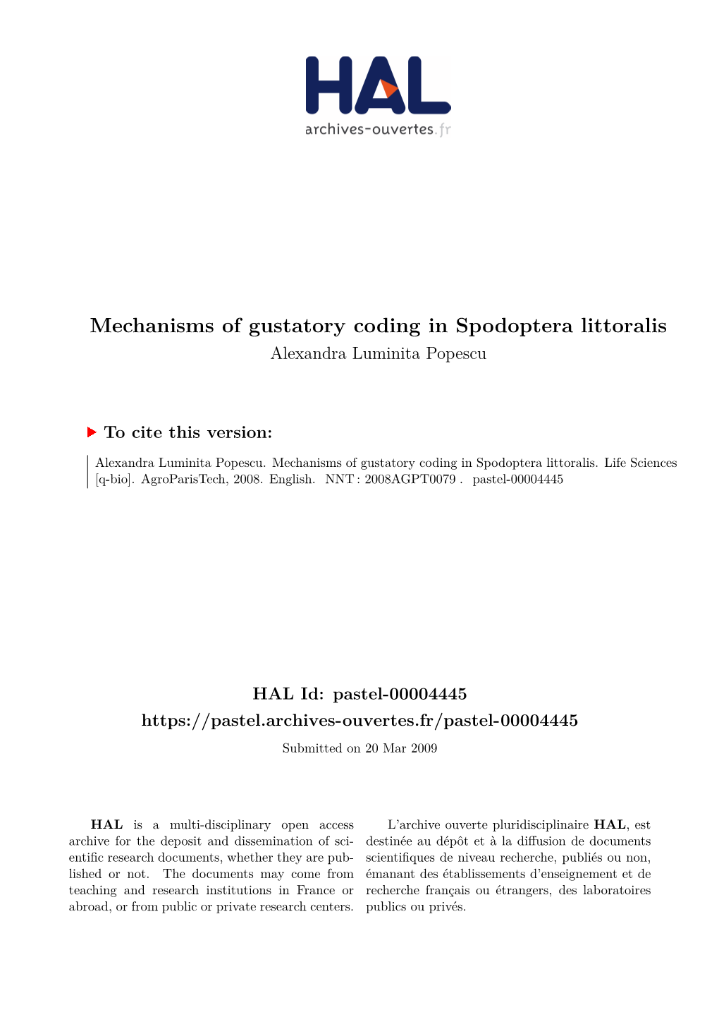 Mechanisms of Gustatory Coding in Spodoptera Littoralis Alexandra Luminita Popescu