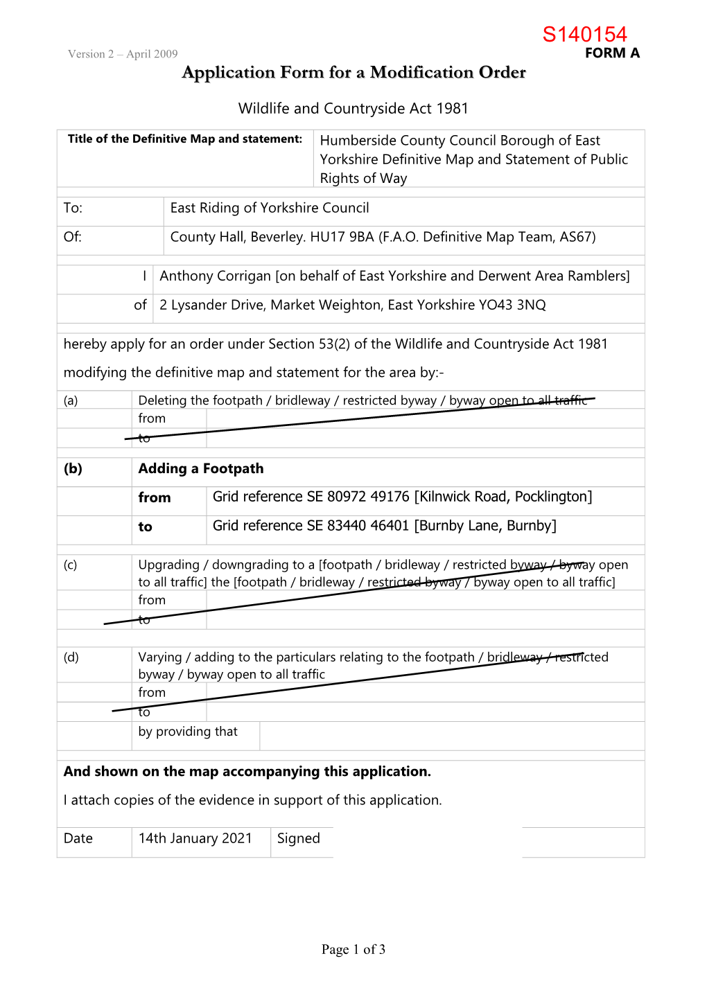 S140154 Version 2 April 2009 FORM a Application Form for a Modification Order