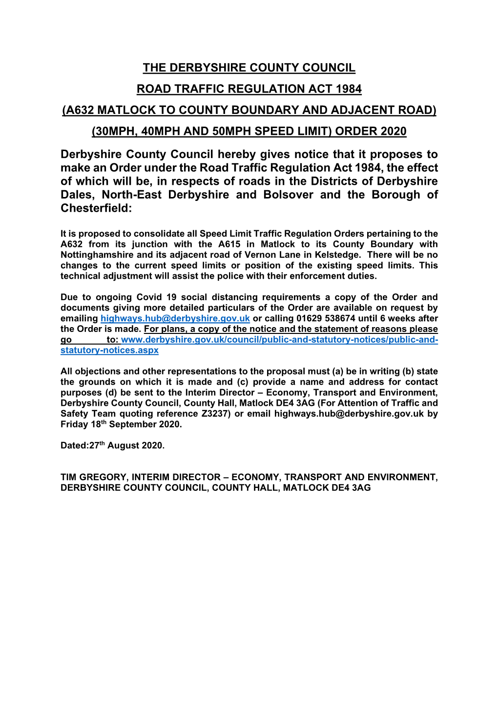 A632 Matlock to County Boundary Draft Speed Limit Order