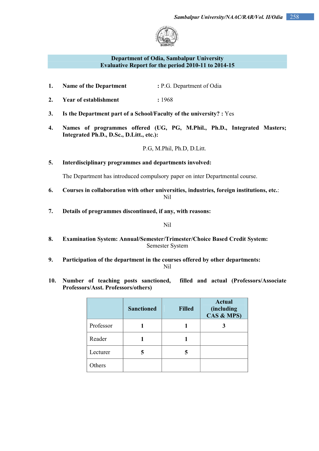 Department of Odia, Sambalpur University Evaluative Report for the Period 2010-11 to 2014-15
