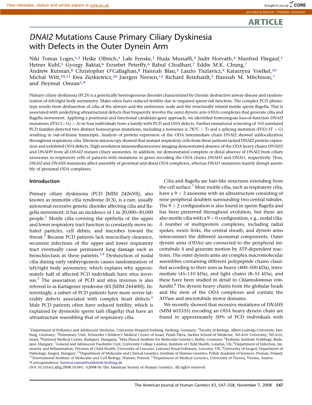 DNAI2 Mutations Cause Primary Ciliary Dyskinesia with Defects in the Outer Dynein Arm